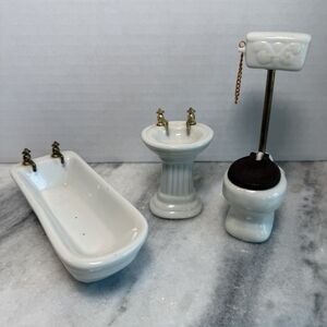 Vtg Porcelain Dollhouse Bathroom Set Toilet Sink Bathtub White Miniature